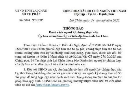 Thông báo Danh sách người ký chứng thực của Ủy ban nhân dân cấp xã trên địa bàn tỉnh Lai Châu